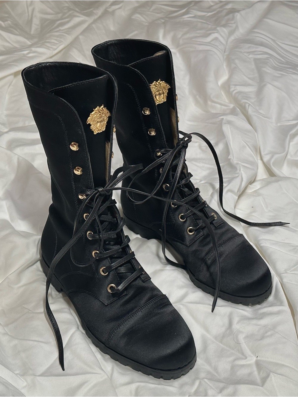 Vintage Versace Black Lace-Up Combat Boots with Gold Lion Medallions